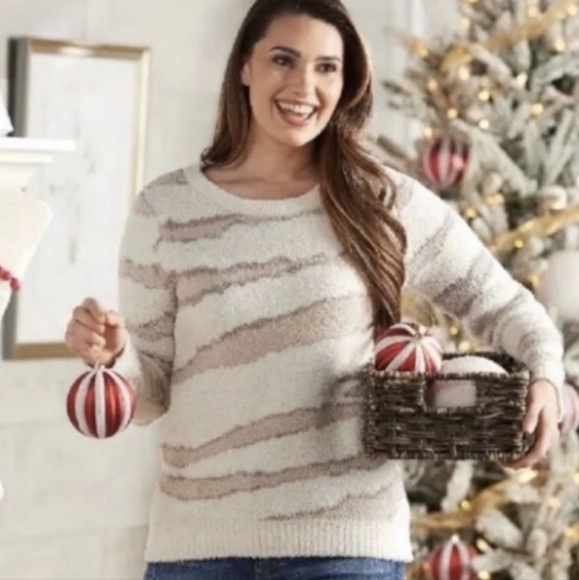 Barefoot Dreams Cozychic Seaside Crew Neck Cream/Zebra Print Sweater Size XL - Picture 1 of 8